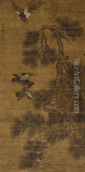 Birds And Pine Oil Painting - Dai Jin