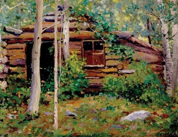 Log Cabin In Forest Oil Painting - Charles James Ryan