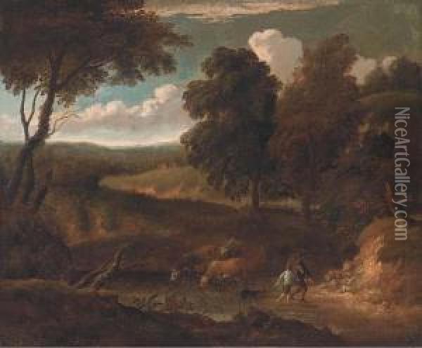 A Wooded Track With Cattle Drinking At A River And Figures With Adog Oil Painting - Peter Tillemans