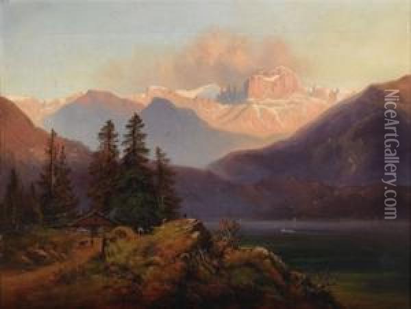 Alpine Farm By The Lake Oil Painting - Ludwig Neelmeyer