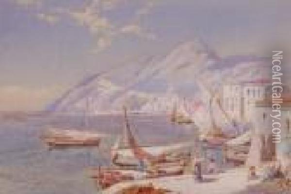 Italiancoastal Fishing Harbour Oil Painting - Charles Rowbotham