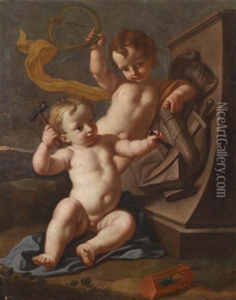 Zwei Putten Als Bildhauer Mit Umgesturzter Sanduhr Oil Painting - Jacopo Amigoni