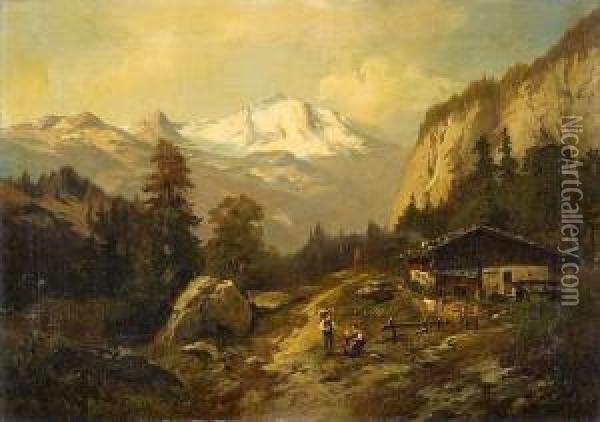 Almhutte Im Hochgebirge Mit Fernem Oil Painting - Heinrich (Heinz) Hiller