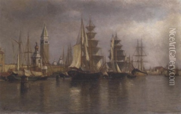 After The Rain - Ships In The Venetian Lagoon Oil Painting - Henry A. Ferguson