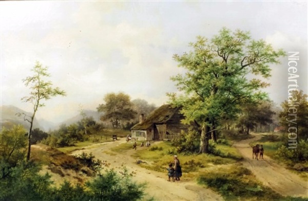 Rural Landscapes With Cottages And Figures On A Track To Foreground (a Pair) Oil Painting - Hendrik Pieter Koekkoek