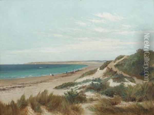 Figures On A Beach With Sand Dunes To The Foreground Oil Painting - James Ashton