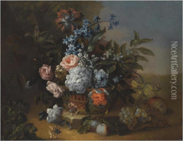 A Still Life With Carnations, 
Roses And Morning Glory In A Basket Over A Stone Ledge, Beside Grapes, 
Plums And An Apple Oil Painting - Antoine Monnoyer