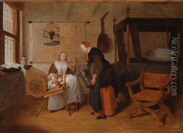 Interieur Mit Einer Jungen Frau Am Spinnrad Und Einer Magd Oil Painting - Quiringh Gerritsz van Brekelenkam