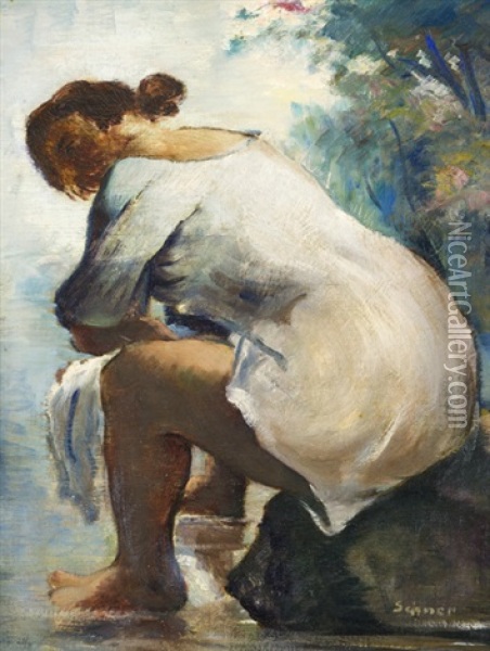 Koupel, Na Rubu: Kostelec Nad Orlici (recto/verso) Oil Painting - Augustin Sagner