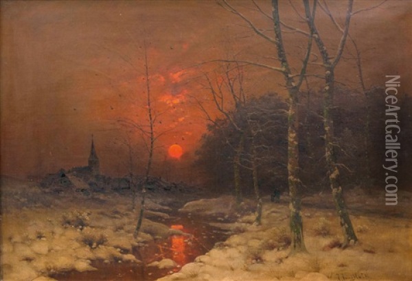 Winterlandschaft Mit Sonnenuntergang Oil Painting - Johann Jungblut