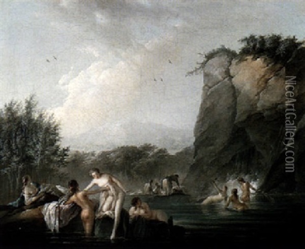 A Rocky River Landscape With Female Figures Bathing In A Pool Oil Painting - Jean Baptiste Pillement
