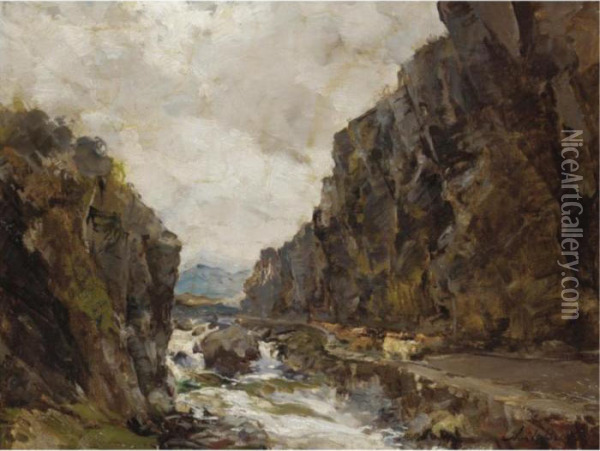 Cattle On A River Gorge Oil Painting - Archibald Kay