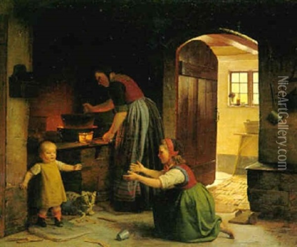 Kokkeninterior Med Mor, Der Laver Mad Til Sine O Born Oil Painting - Johann Julius Exner