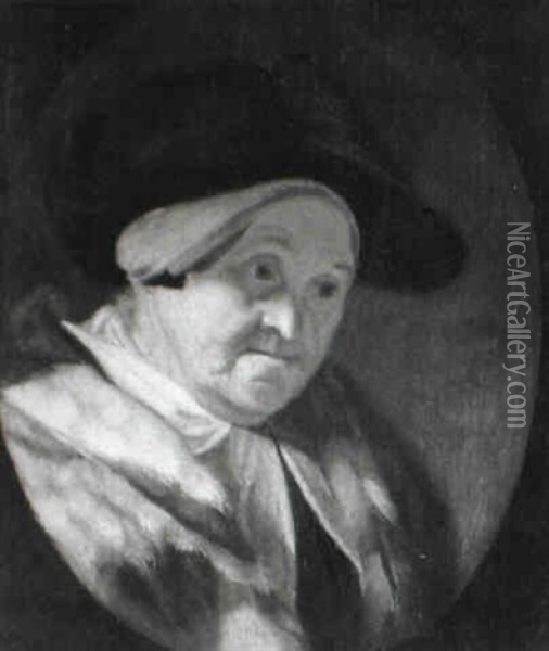 Study Of An Old Lady In Black Hat And Fur Shawl Oil Painting - Frans van Mieris the Elder