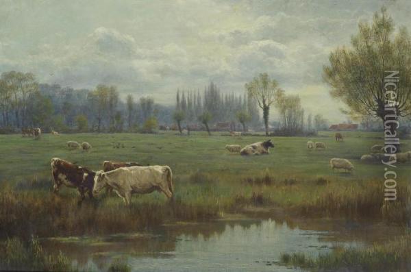 Cattle And Sheep In A Watermeadow Oil Painting - Richard Beavis