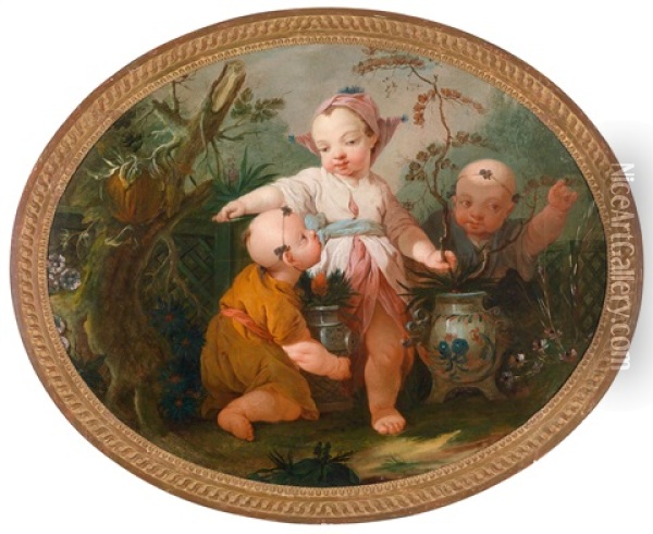 Zwei Chinoiserien Mit Spielenden Kindern (pair) Oil Painting - Hugues Taraval