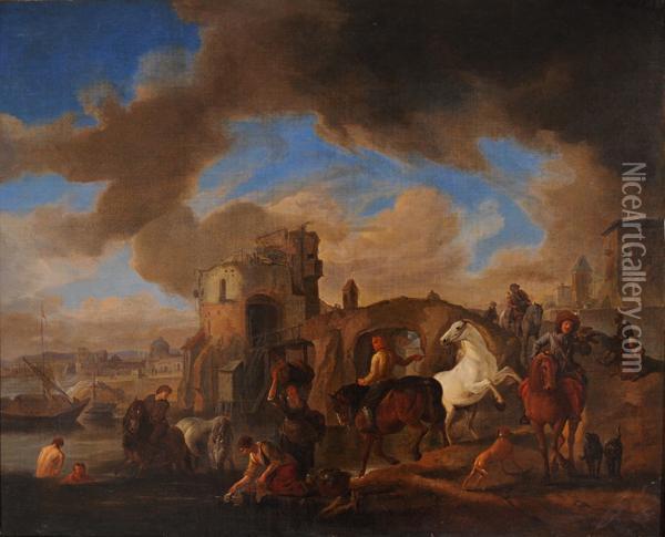 Scorcio Di Roma Con Lavandaie E Figure A Cavallo Oil Painting - Pieter Wouwermans or Wouwerman
