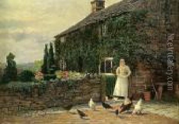 Woman Feeding Chickens Oil Painting - Robert Ward Van Boskerck