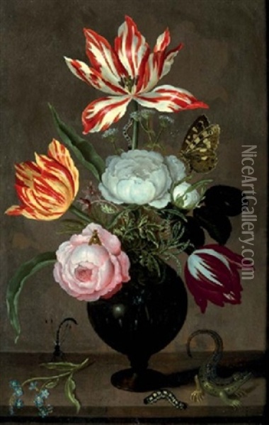 Roses, Tulips, Bellflower, Rosemary And Caraway In A Glass Vase, With A Sprig Of Forget-me-not, A Damselfly, A Caterpillar And A Lizard, On A Stone Ledge Oil Painting - Johannes Bosschaert