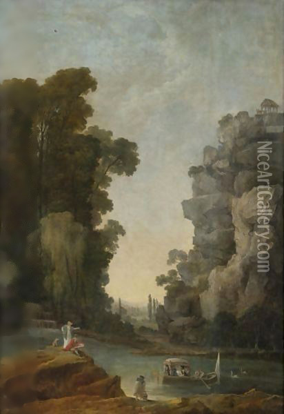 A Female Companion Observing A Boating Party In An Extensive Park Oil Painting - Hubert Robert