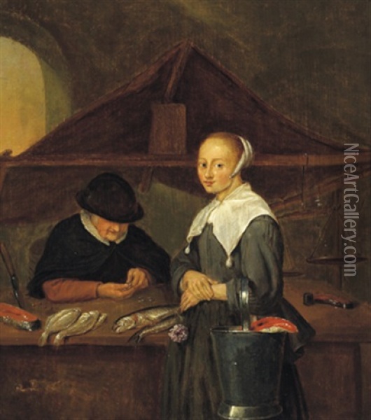 Junge Frau Bei Der Fischandlerin Oil Painting - Quiringh Gerritsz van Brekelenkam