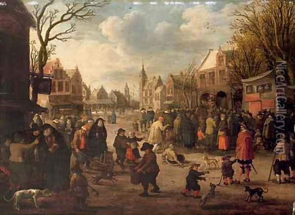 A village meeting with figures gathered in the street Oil Painting - Joost Corenlisz. Droogsloot