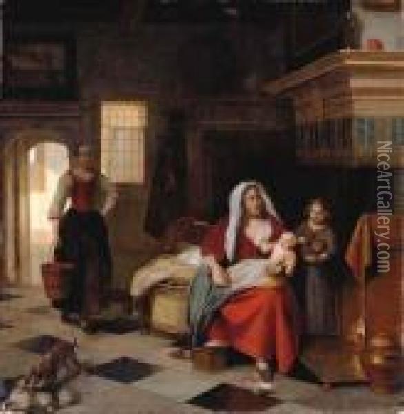 A Mother And Baby In An Interior With A Young Girl And A Maid Oil Painting - Pieter De Hooch