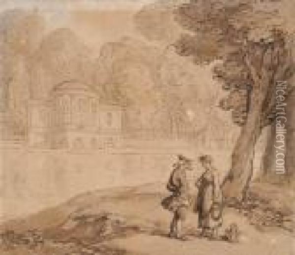 A Couple Conversing Alongside A River Oil Painting - Thomas Rowlandson