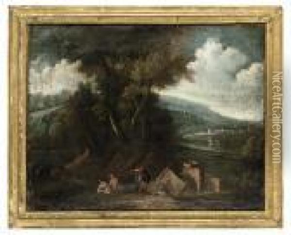 Classical Figures And Bathers In An Italianate Landscape Oil Painting - Gaspard Dughet Poussin