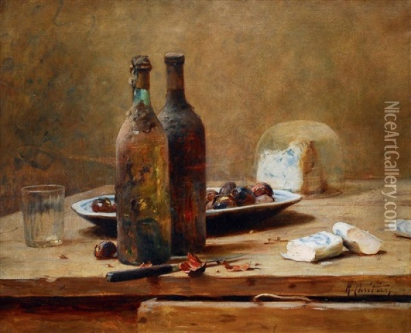 Stilleben Mit Flaschen, Glas Und Kase Oil Painting - Rene Louis Chretien