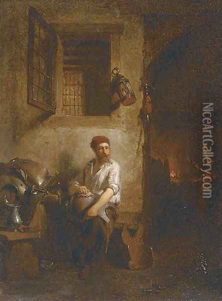 Polishing armour at the blacksmith's forge Oil Painting - Hendricus Johannes Scheeres