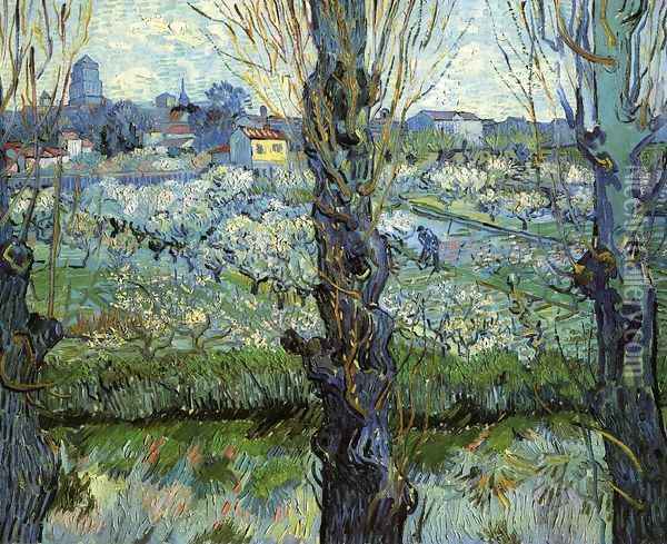 Orchard in Bloom with Poplars Oil Painting - Vincent Van Gogh
