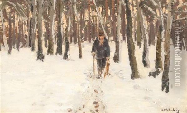 Spazierganger Im Winterlichen Wald Oil Painting - Hugo Muehlig