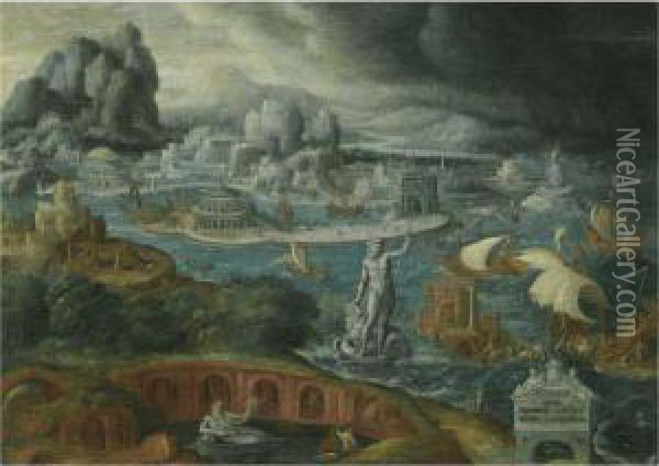 Classical Landscape With Ships Running Before A Storm Towards Aclassical Harbour, Probably Corinth Oil Painting - Maerten van Heemskerck