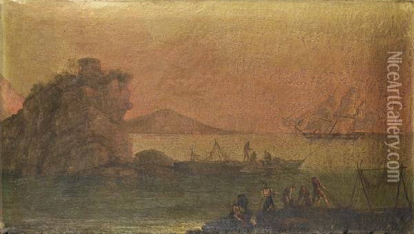 A Rocky Coastline With Fishermen Hauling In Their Nets, Shipping In The Distance Oil Painting - Claude-joseph Vernet