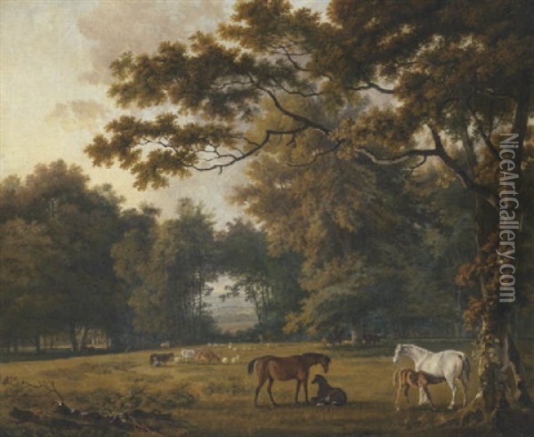 Mares And Foals, Cattle And Sheep In Parkland Oil Painting - George Barret