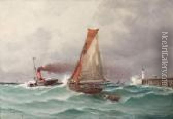 Barque De Peche Remorquee A La Sortie Du Port De Marseille. Oil Painting - Alfred Godchaux