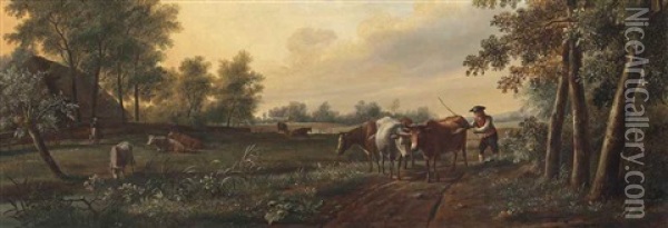 A River Landscape With A Drover And His Cattle, A Windmill Beyond Oil Painting - Johannes I Janson