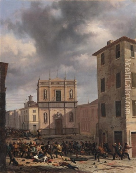 The Barricade At San Barnaba Oil Painting - Faustino Joli