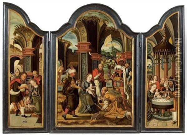 Adoration Des Mages Entre Une Nativite Et Une Circoncision (triptych) Oil Painting - Pieter Coecke van Aelst the Elder