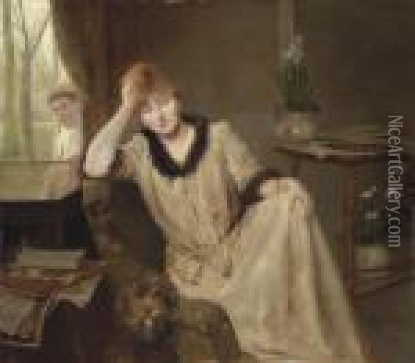 Portrait Of A Woman In An Elegant Interior Oil Painting - H. Rondel