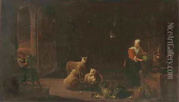 A barn interior with sheep and a woman preparing vegetables Oil Painting - David Ryckaert II
