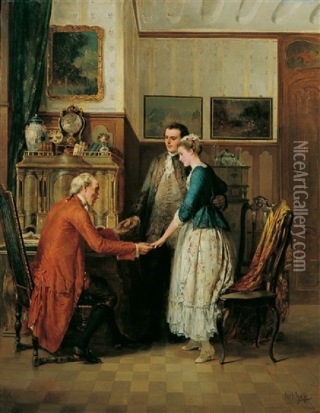 Die Verlobung. Das Junge Paar Vor Dem Brautvater Stehend Oil Painting - Carl Heinrich Hoff the Elder