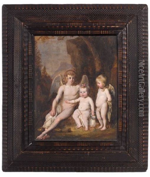 Portrait De Trois Enfants Sous Les Traits De Cupidon Et Deux Anges Oil Painting - Thomas De Keyser