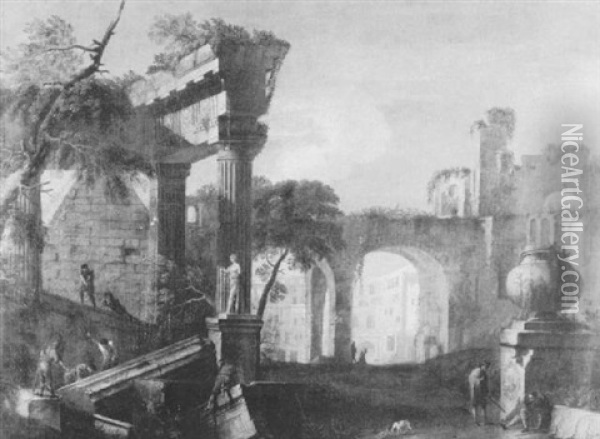 Capriccio Of Ruins With Figures Oil Painting - Marco Ricci