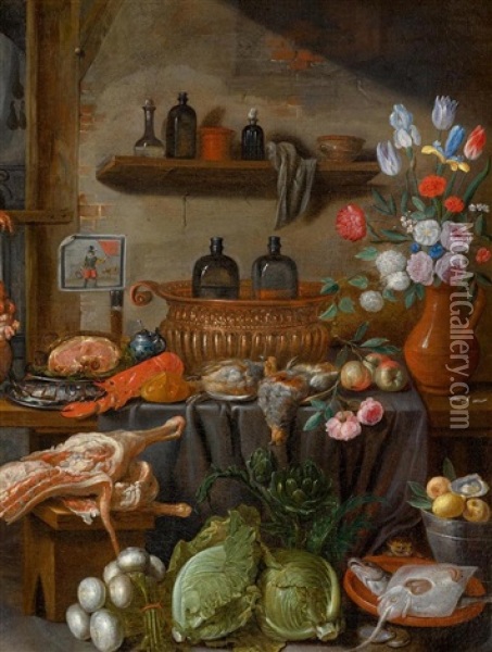 Jagdstillleben Mit Gemuse Und Blumenstrauss Oil Painting - Jan van Kessel the Younger