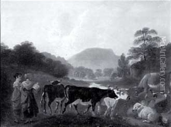 Milkmaids And Stock In A Wooded Valley Oil Painting - John Rathbone