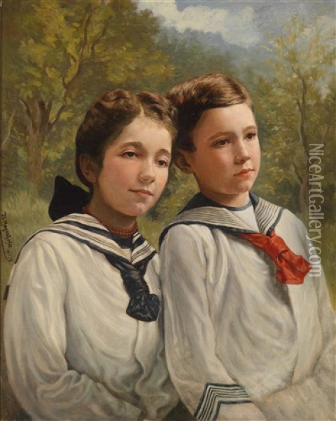 Geschwister Oil Painting - Th. Mayerhofer