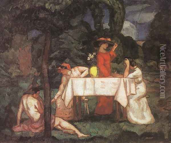 The Tea Party In the garden 1910s Oil Painting - Bela Ivanyi Grunwald