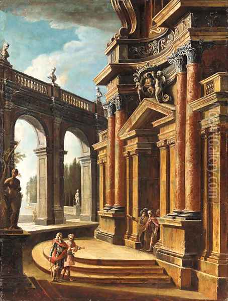 An imaginary courtyard with elegant figures promenading Oil Painting - Italian School